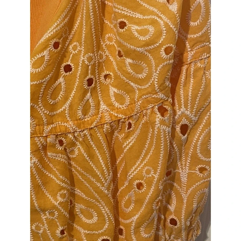 LOFT Orange‎ Eyelet Puff Sleeve Embroidered Boho Cottagecore Top Medium